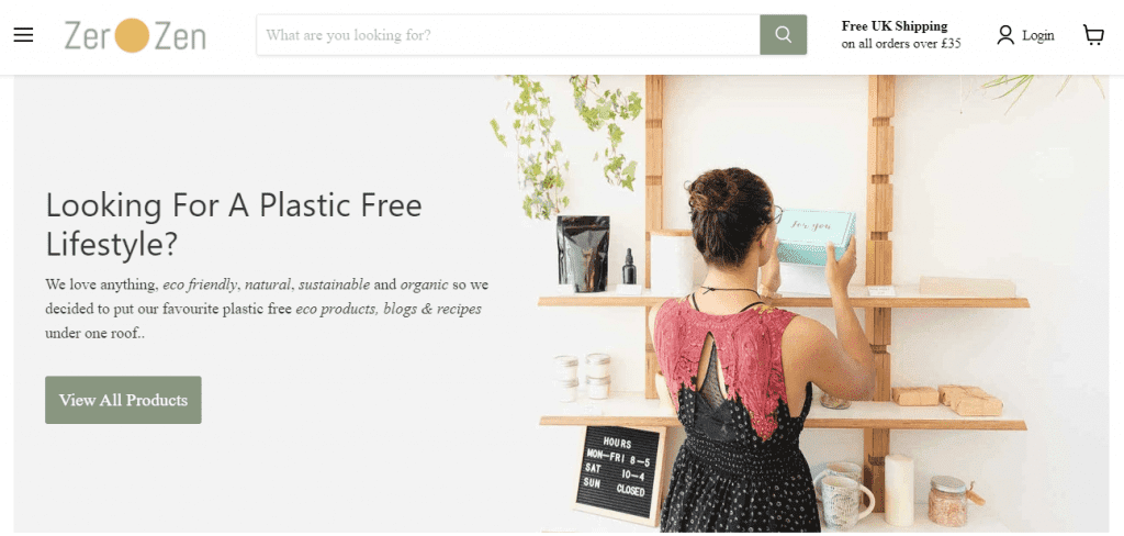 Screenshot of eco-friendly company Zero Zen's Homepage