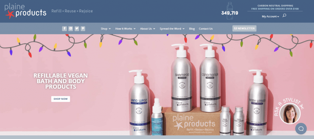 Eco-friendly companies - screenshot of Plaine Products' homepage