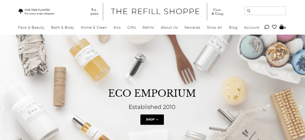 Zero Waste Stored - Screenshot of the Refill Shoppe's homepage