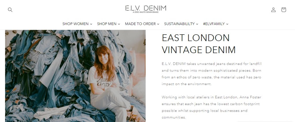 Zero Waste Clothing Stores - Screenshot of ELV Denim's homepage