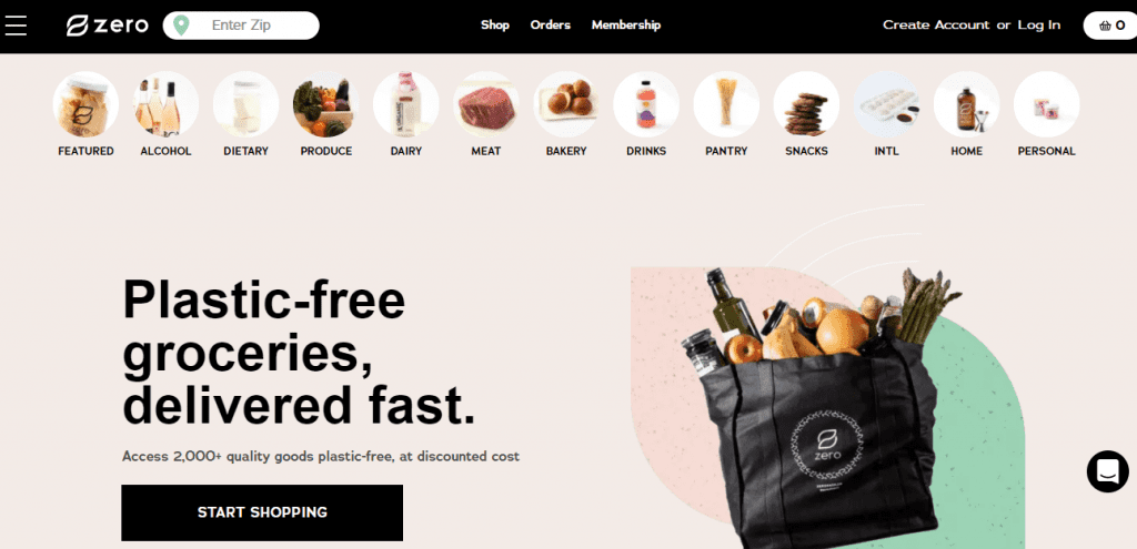 Zero waste grocery stores - Screenshot of Zero's homepage