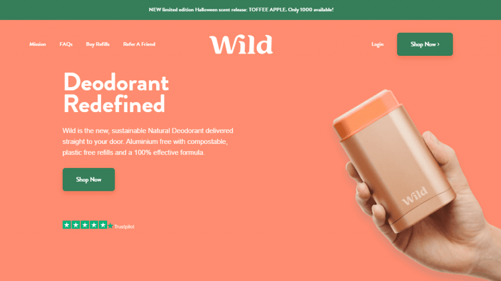 Screenshot of Eco-friendly company Wild Cosmetics' Homepage.