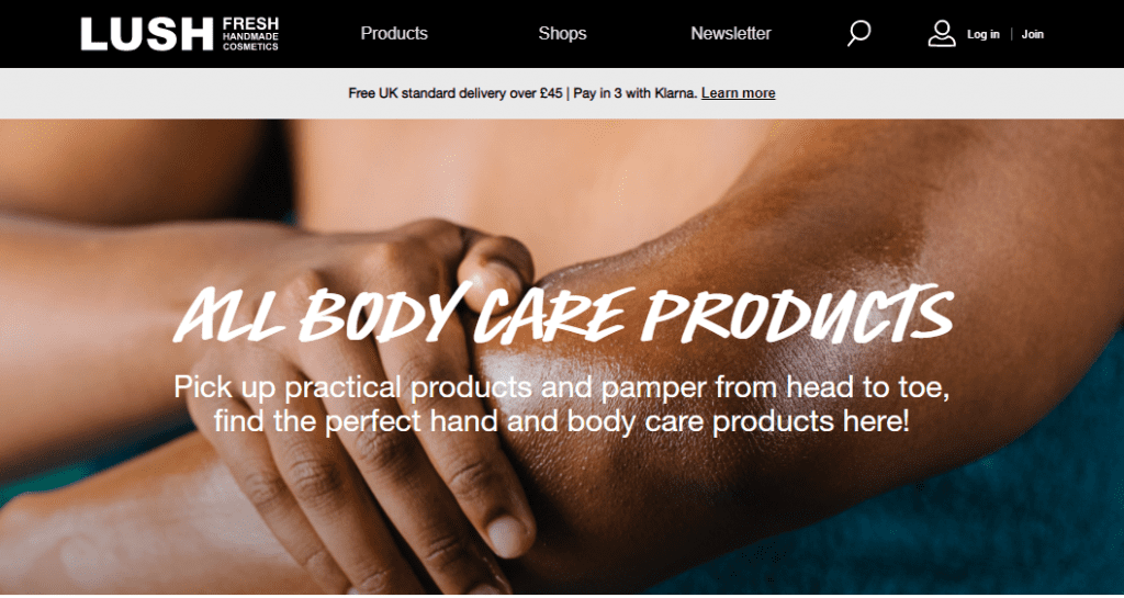 Screengrab of eco-friendly company Lush.com homepage.