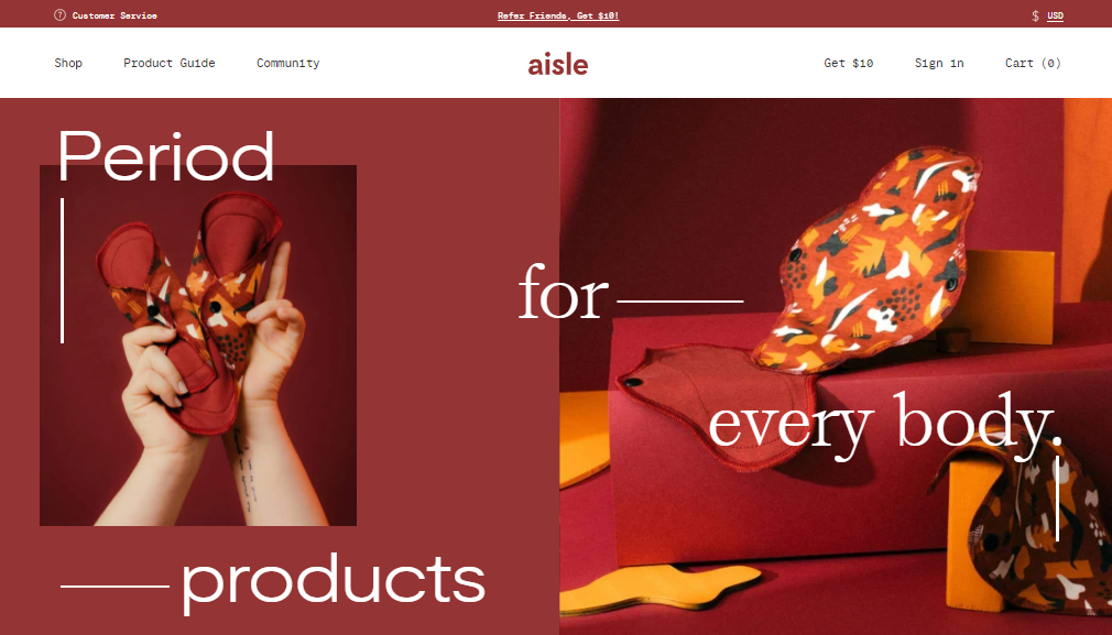 Screengrab of eco-friendly company periodaisle.com homepage.