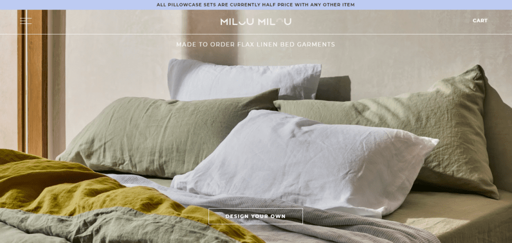 Screengrab of eco-friendly linen company miloumilou.com homepage