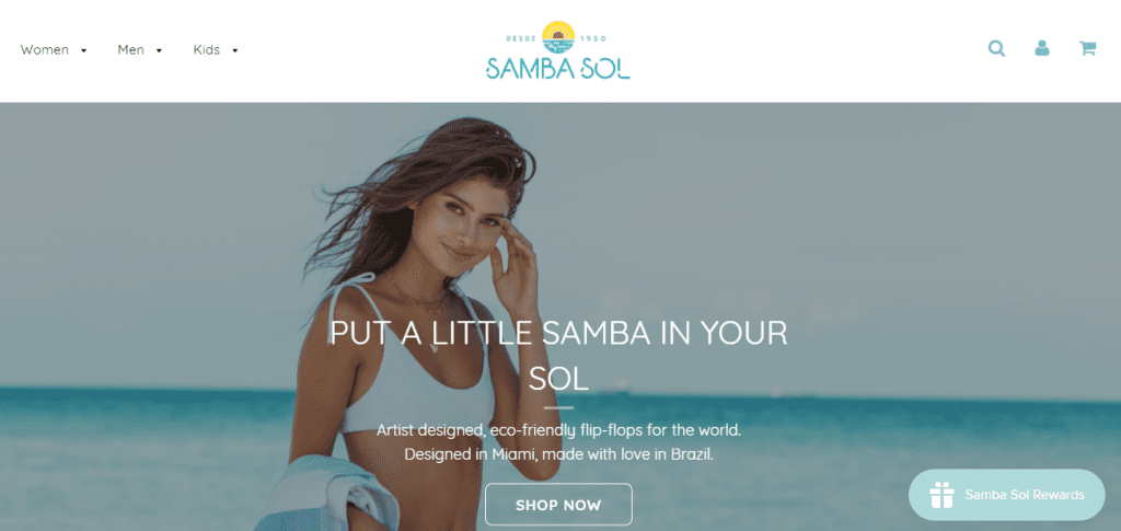 Screenshot of eco-friendly shoe company samba-sol.com homepage