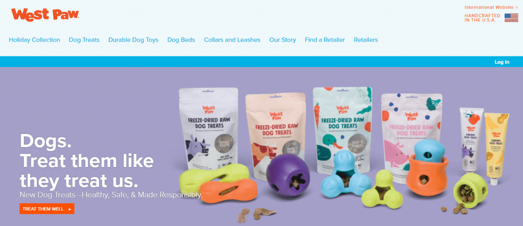 Screenshot of eco-friendly dog toy company westpaw.com homepage