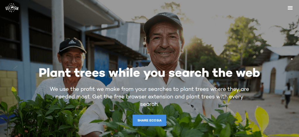 Screenshot of eco-friendly company planting trees ecosia.com homepage
