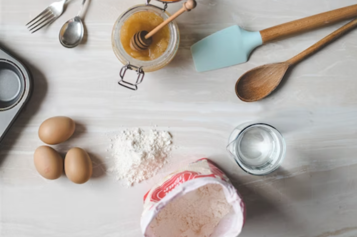 Image from Wooden Earth Cutlery of a kitchen counter with baking aids