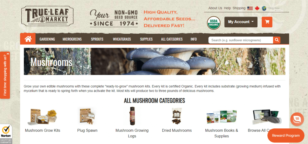 Mushroom Liquid Culture - Screenshot of True Leaf Market home page