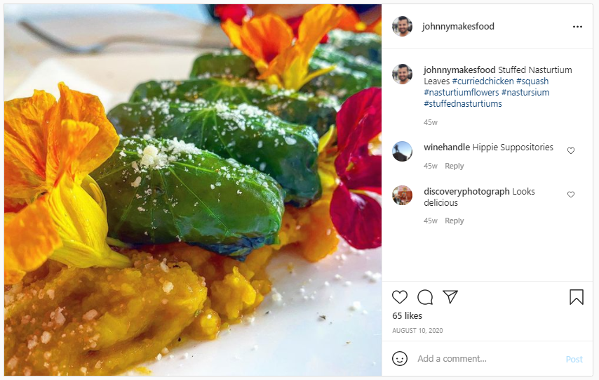 Edible Flowers - Screenshot from Instagram of stuffed Nasturtiums