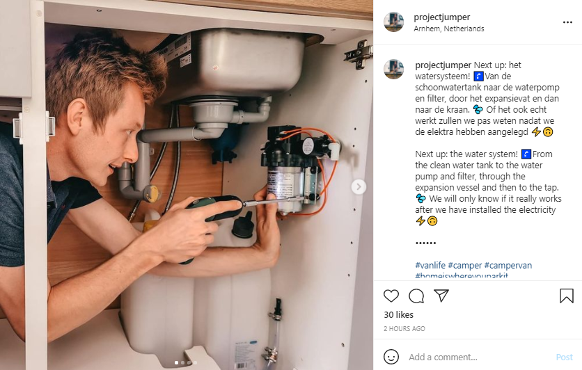 Living in a Van - DIY Plumbing - Screenshot from Instagram