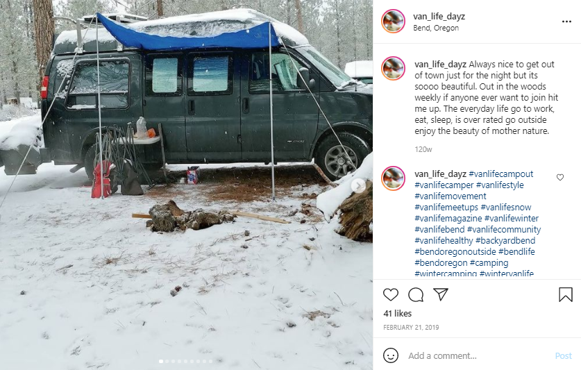 Living in a Van - Snowed in Camp - Screenshot from Instagram