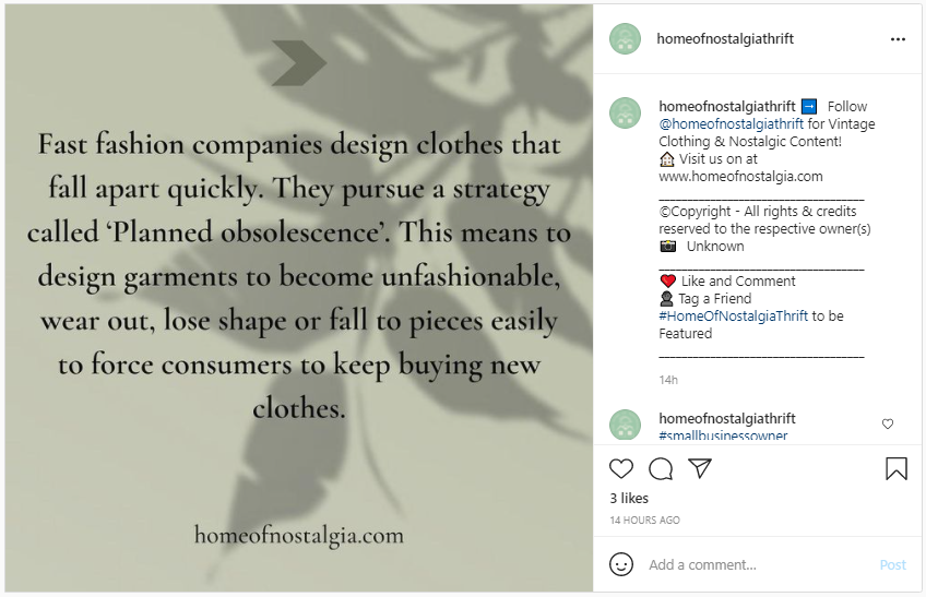 Screenshot from Instagram - Long Lasting Natural Fibers vs Fast Fashion and planned obsolescence 