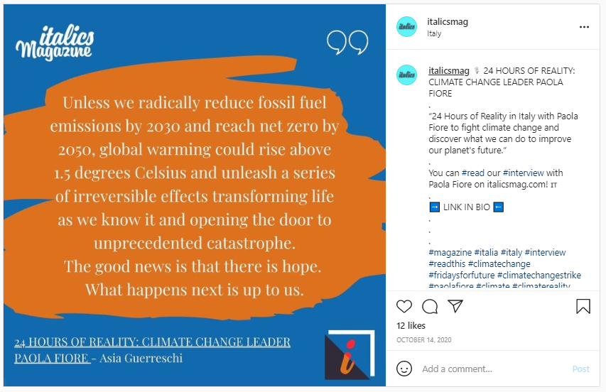 Screenshot from Instagram on Solar Power vs Fossil Fuels and Global Warming