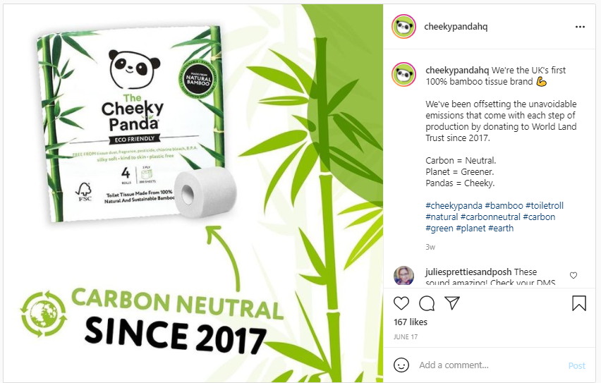 Instagram screenshot of Cheeky Panda Toilet Paper made from sustainable and eco-friendly bamboo