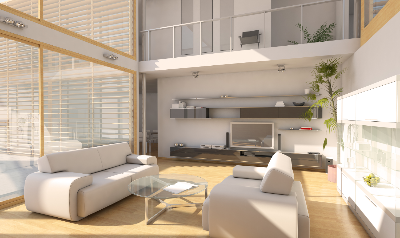 Royalty free image from Canva of a modern apartment interior with white furniture and big windows