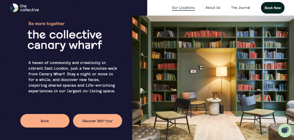 Screenshot of the homepage for The Collective Canary Wharf Co-Living Quarters