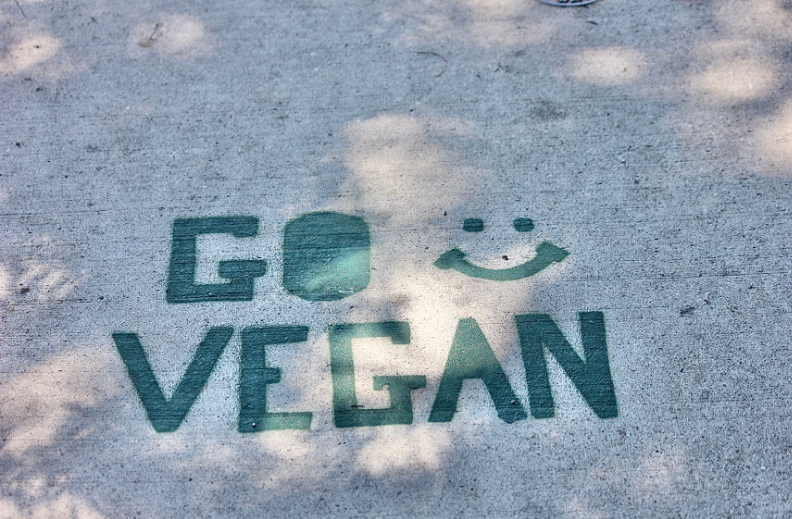Eco-friendly paint - free image from Canva of the words "go vegan :)" painted on concrete in green paint