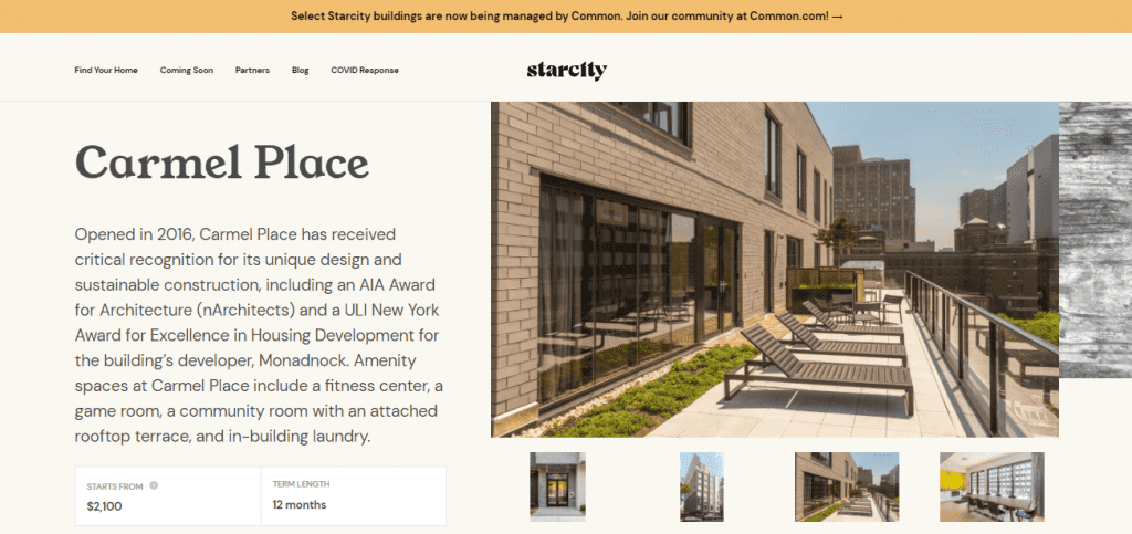 Carmel Place Co-living quarters in New York - Screenshot of their homepage