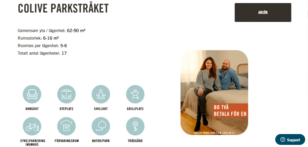 Screenshot of the homepage for Colive Parkstraket Co-living quarters in Sweden