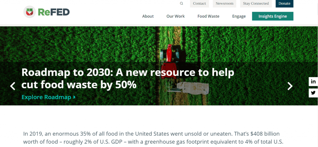 Food Waste Solutions - Screenshot of the ReFED Homepage