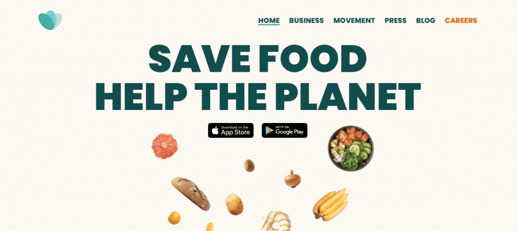 Food Waste Solutions - Screenshot of the Too Good to Go Homepage