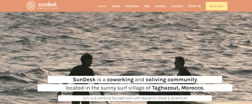 Screenshot of SunDesk Co-living in Morocco's Homepage