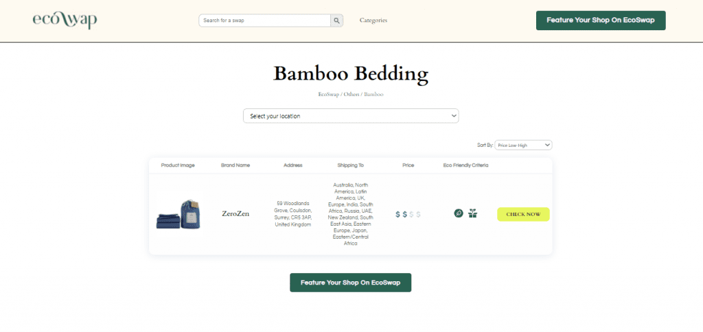 Eco Swaps - Screenshot of the search results on EcoSwap.me for Bamboo Bedding