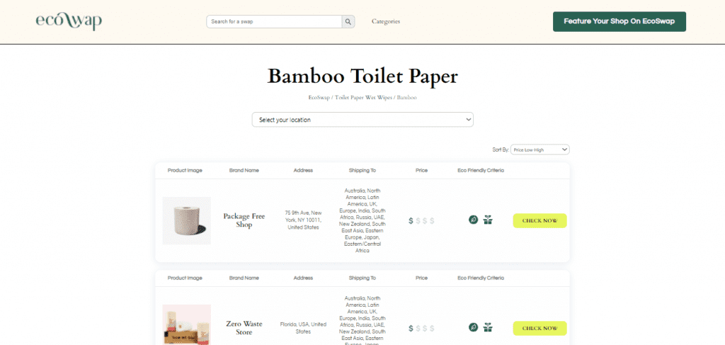 co Swaps - Screenshot of the search results on EcoSwap.me for Bamboo Toilet Paper