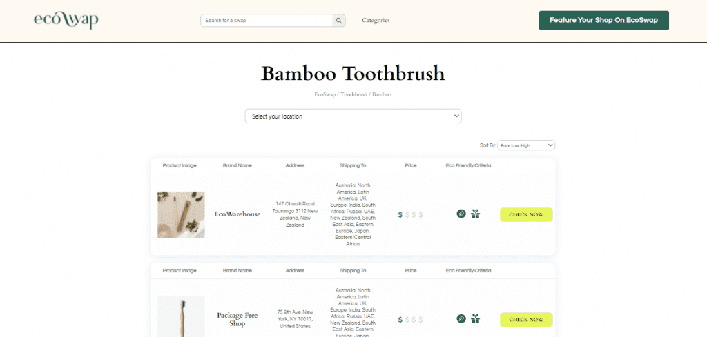 Eco Swaps - Screenshot of the search results on EcoSwap.me for Bamboo Toothbrushes