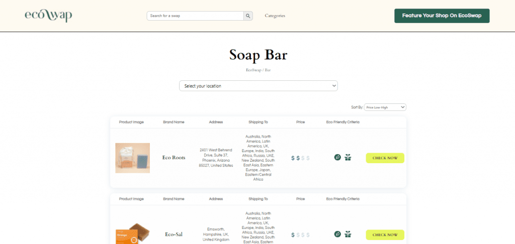 Eco Swaps - Screenshot of the search results on EcoSwap.me for Soap Bars
