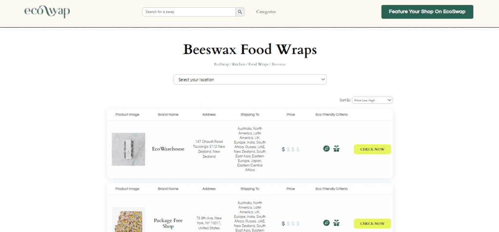 Eco Swaps - Screenshot of search results from EcoSwap.me