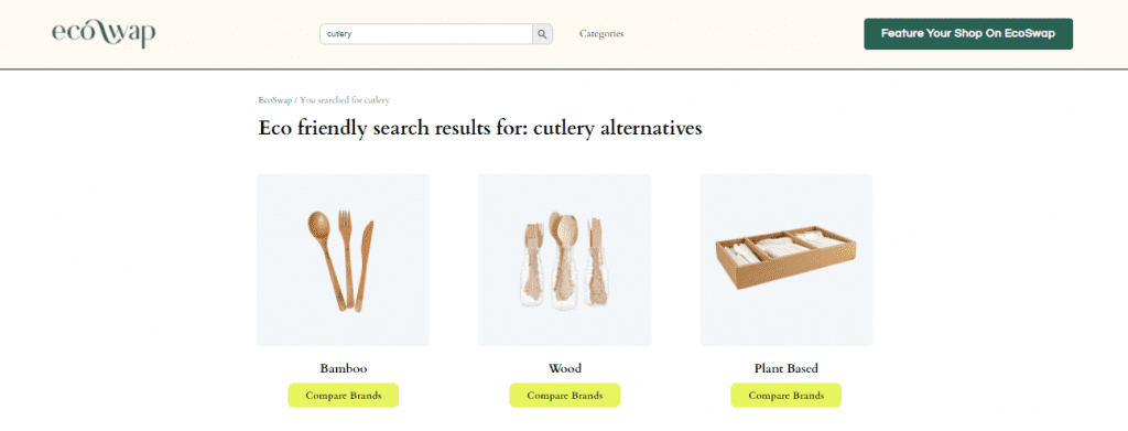 Eco Swaps - Screenshot of the search results on EcoSwap.me for cutlery sets