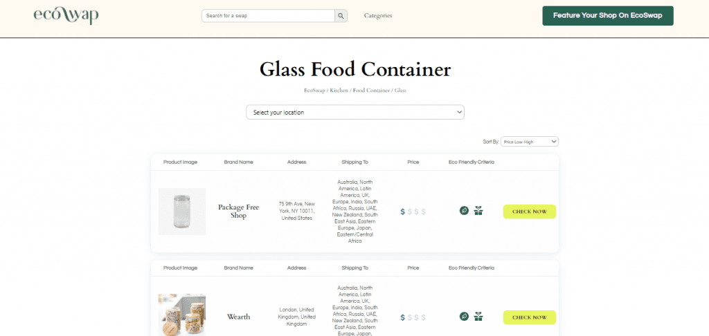Eco Swaps - Screenshot of the search results on EcoSwap.me for glass food containers