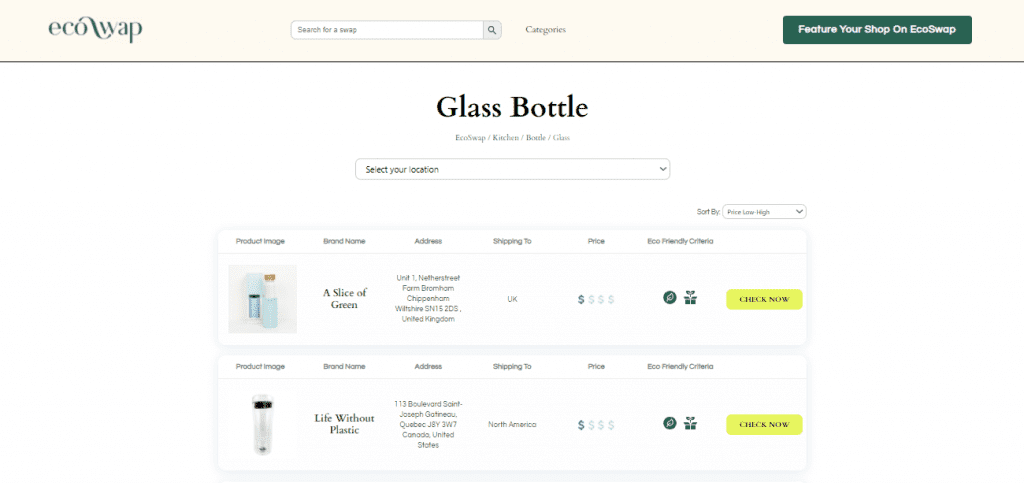 Eco Swaps - Screenshot of the search results on EcoSwap.me for glass Water Bottles