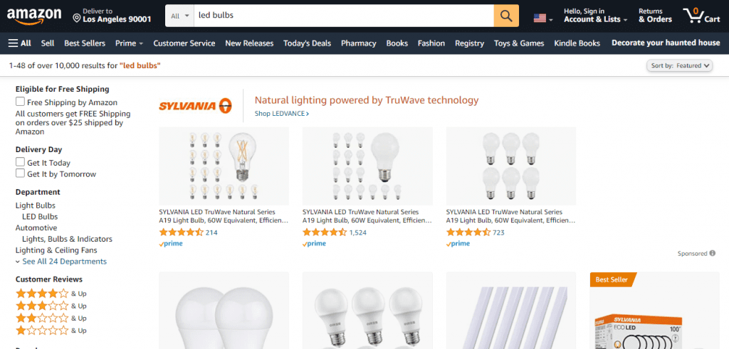 Eco Swaps - Screenshot of the search results for LED light bulbs on Amazon