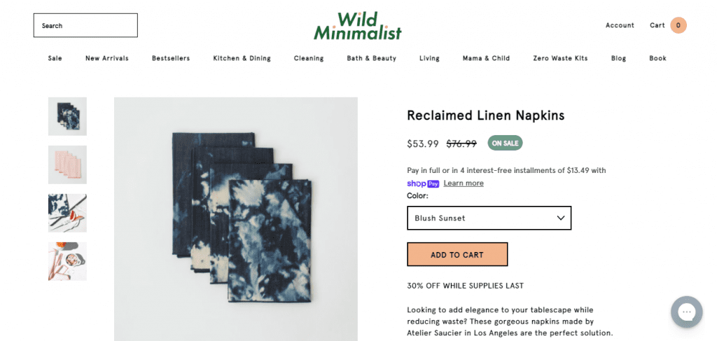 Eco Swaps - Screenshot of Linen Napkins from Wild Minimalist on EcoSwap.me