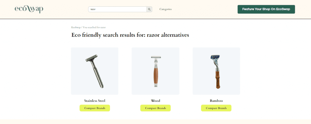 Eco Swaps - Screenshot of the search results on EcoSwap.me for Razors