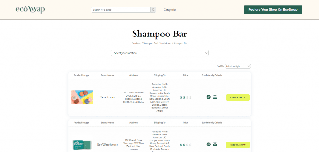 Eco Swaps - Screenshot of the search results on EcoSwap.me for Shampoo Bars