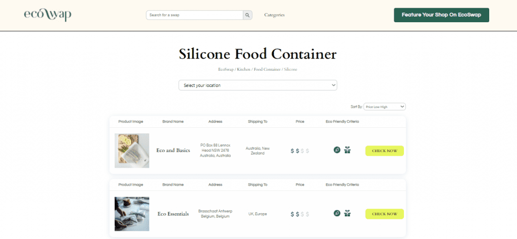 Eco Swaps - Screenshot of the search results on EcoSwap.me for Silicone Food Containers