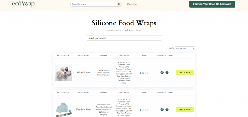 Eco Swaps - Screenshot of the search results on EcoSwap.me for Silicone Food Wraps