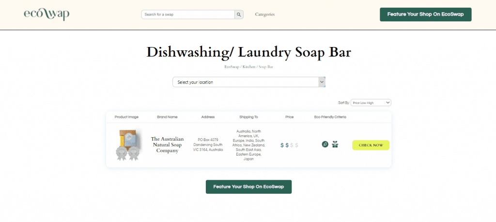 Eco Swaps - Screenshot of the search results on EcoSwap.me for kitchen soaps