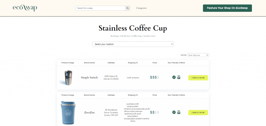 Eco Swaps - Screenshot of the search results on EcoSwap.me for Stainless Steel Coffee Cups