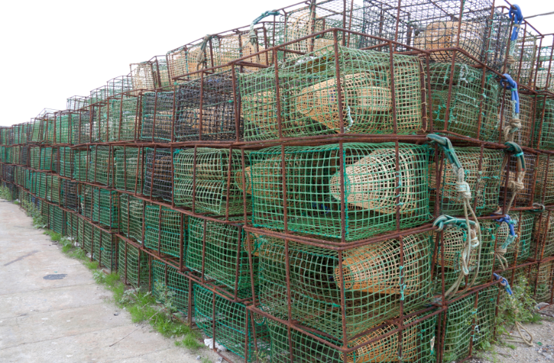 Sustainable Fishing Methods - stock image of fishing traps stacked on dry land