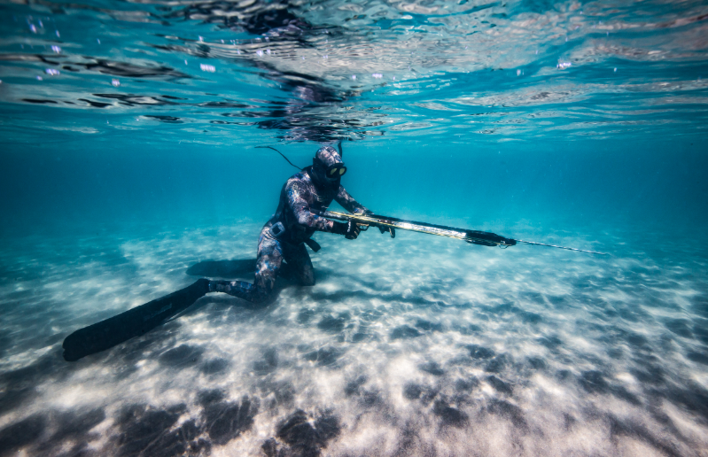 Sustainable Fishing Methods - stock image of a man spear fishing underwater in scuba gear