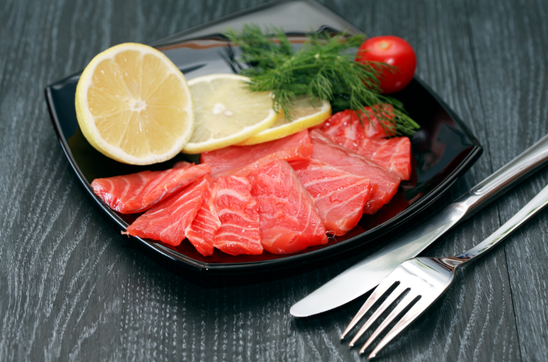 wild-caught fish - stock image from Canva of salmon fillets on a plate with lemon