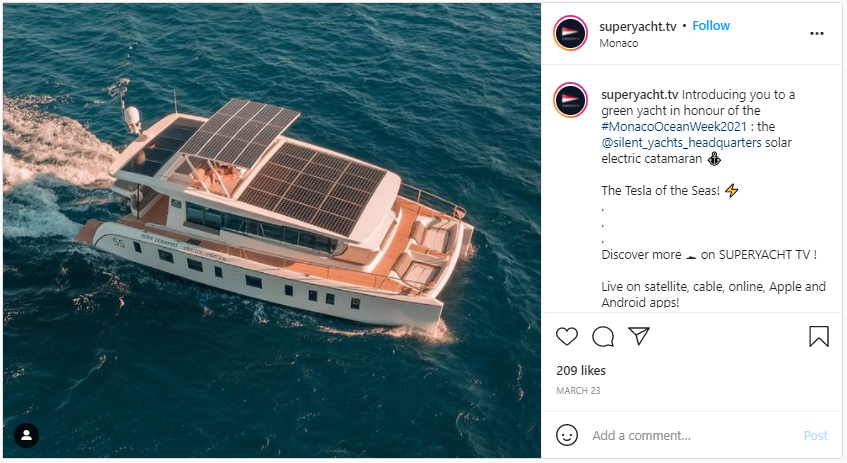 Solar Boats - Screenshot from Instagram of a yacht with solar panels on the roof