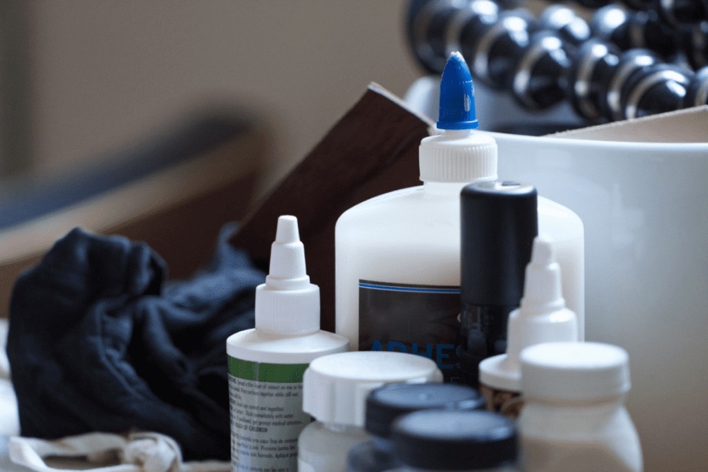 Storing building materials - various glue pots pots and bottles