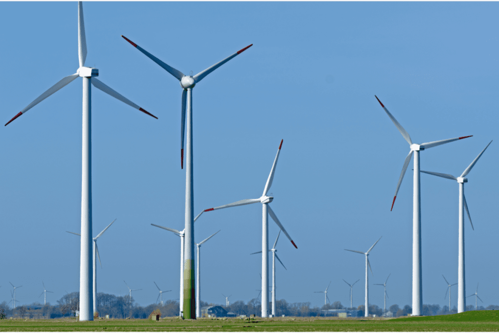 Green energy options - industrial wind turbines on a wind farm